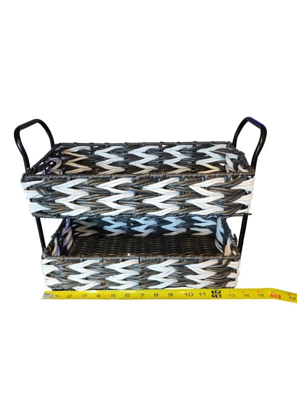 2-Tier Black/White Woven Basket Storage Organizer | NWOT